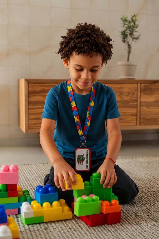 Child using their personalised AAC card while playing