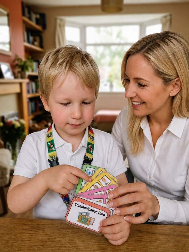 Mother supporting her son's communication with the AAC card